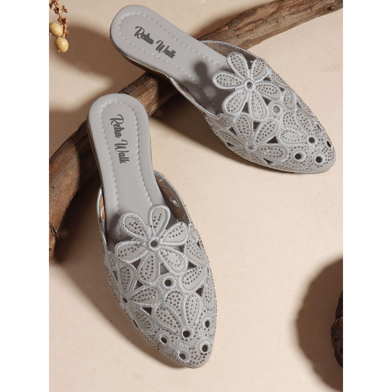 Retro Walk Women Floral Textured Beaded Deatiled Pointed Toe Mules Flats