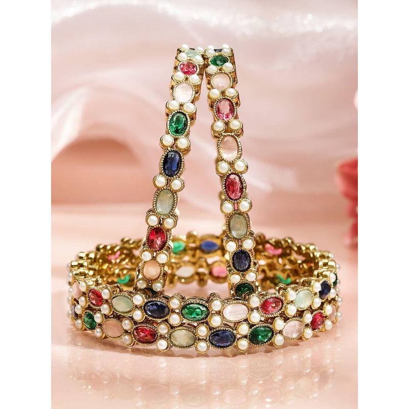 Rubans Set of 4 18K Gold-Plated Multicolour Zirconia & Pearl Beaded Designer Bangles