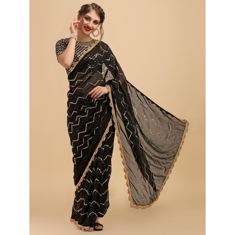 Sangria Black & Gold-Toned Embellished Sequinned Pure Georgette Saree