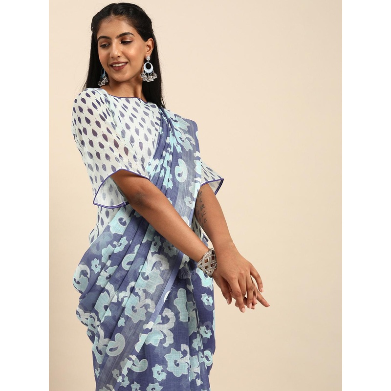 Sangria Blue & White Pure Linen Printed Saree