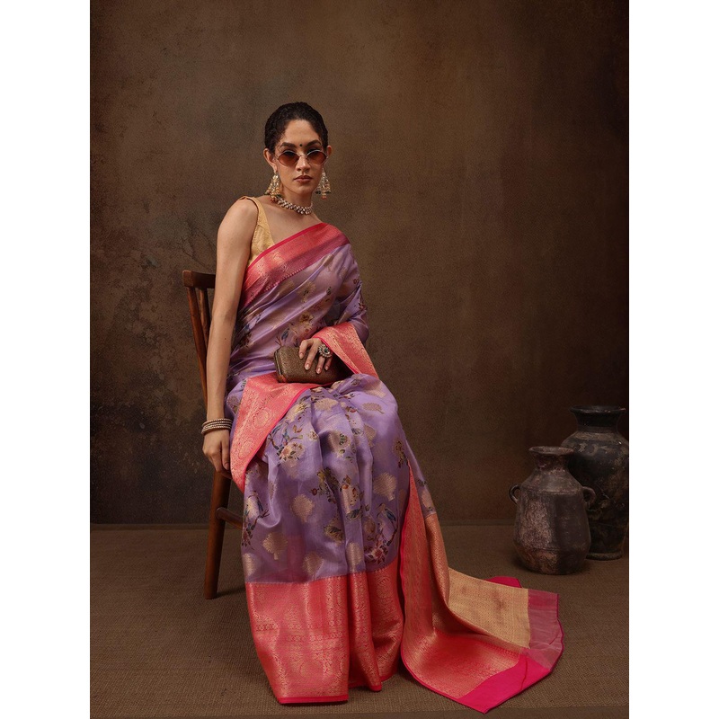 Silk Land Woven Floral Art Silk Chanderi Digital Print Saree