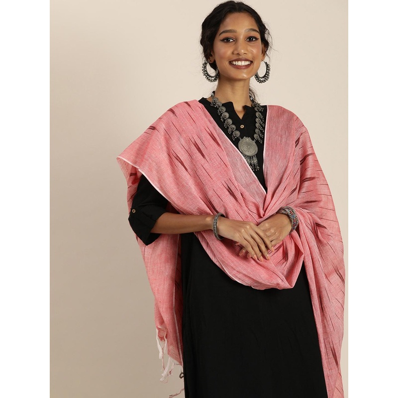 Taavi Red Ethnic Motifs Woven Design Pure Cotton Ikat Dupatta