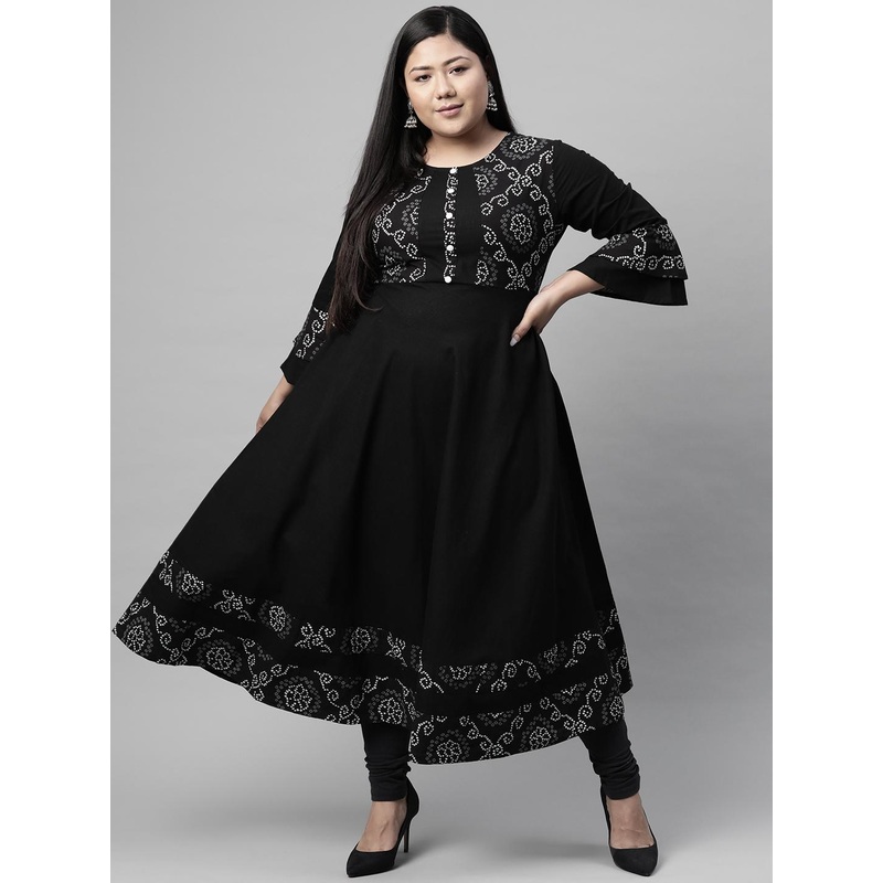 YASH GALLERY Women Plus Size Black & White Yoke Design Bell Sleeves A-Line Kurta