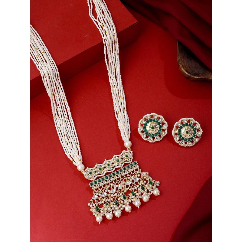 Yellow Chimes Gold-Plated Kundan-Studded & moti Beaded Long Jewellery Set