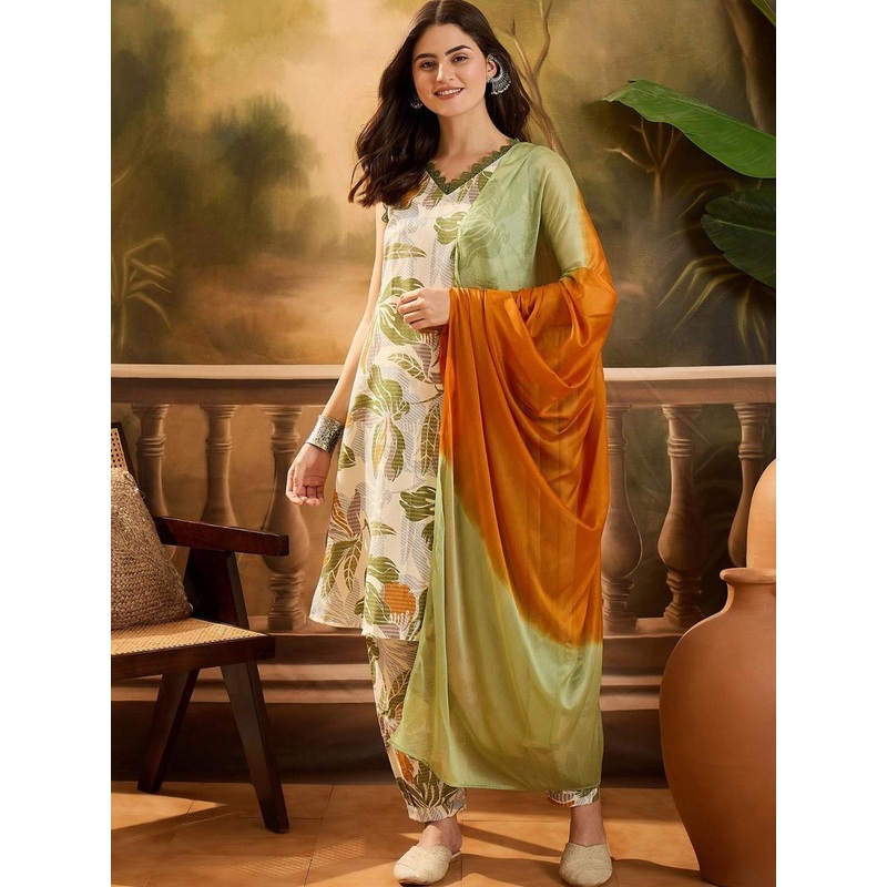 Youthnic Floral Printed V-Neck Kurta With Trousers & Dupatta