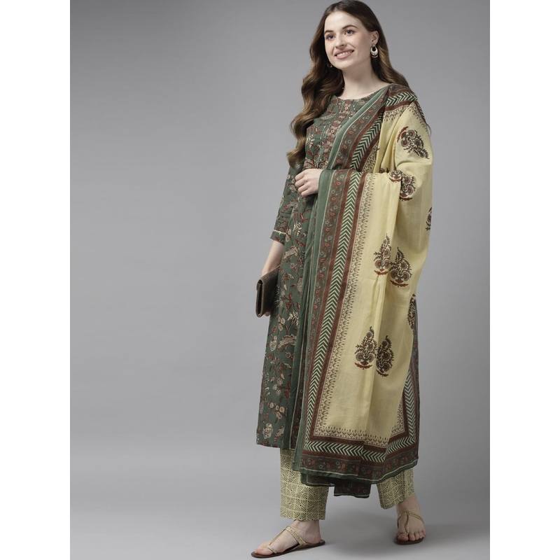Yufta Women Green & Beige Floral Printed Pure Cotton Kurta with Palazzos & With Dupatta