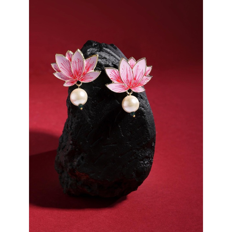 Zaveri Pearls Gold-Plated Beaded Meenakari Floral Drop Earrings