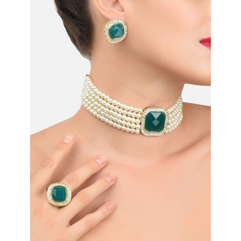 Zaveri Pearls Gold-Plated & Green Stone-Studded & Pearls Beaded Jewellery Set