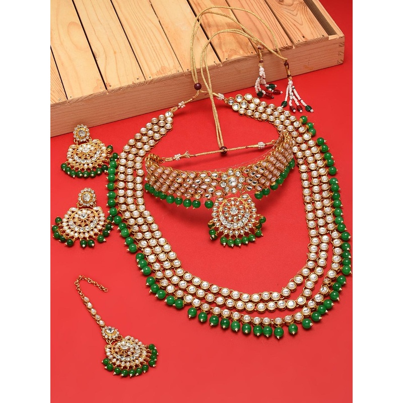 Zaveri Pearls Green Gold-Plated Bridal Kundan Choker 2 Necklaces Jewellery Set