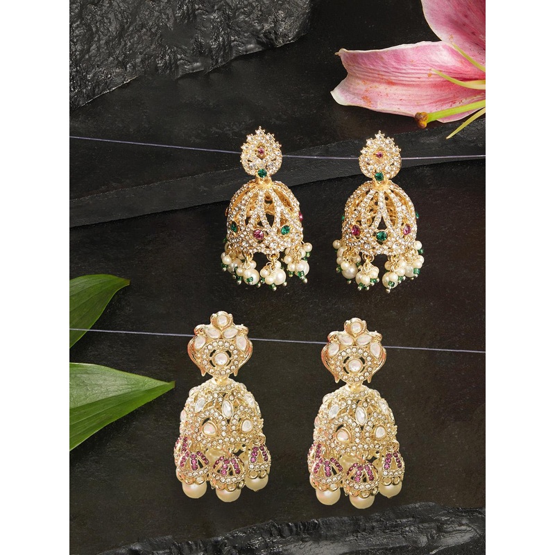 Zaveri Pearls Set Of 2 Gold-Plated Stones Studded & Beaded Dome Shaped Jhumkas