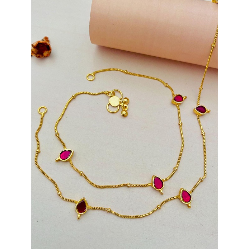 Anouk Set Of 2 Gold-Plated Kundan-Studded and Beaded Brass Anklet