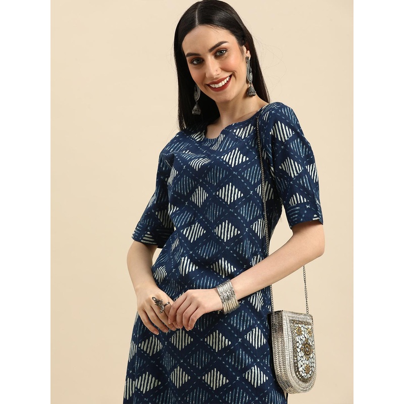 Anouk Women Navy Blue & White Geometric Printed Pure Cotton Kurta