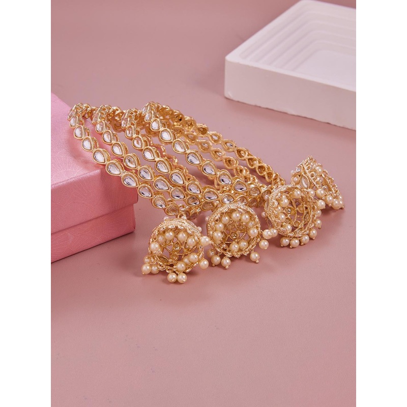 GC PREMIUM JEWELLERY Set Of 4 Kundan-Studded & Beaded Bangles