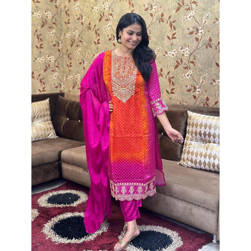 GoSriKi Bandhani Printed Sequinned Embroidery Work Kurta with Trousers & Dupatta
