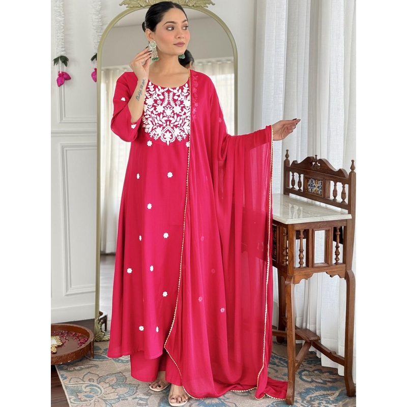 GoSriKi Women Ethnic Motifs Embroidered A-Line Kurta with Palazzos & Dupatta