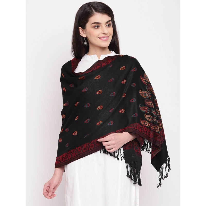 HK colours of fashion Women Black Woven Design Stole with Tasselled Border