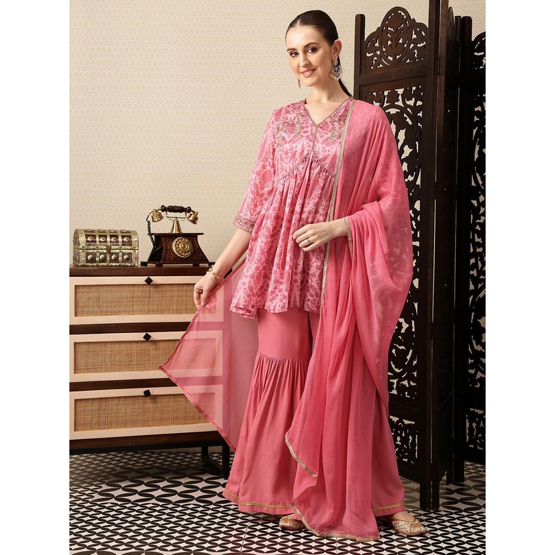 House of Pataudi Floral Printed Sequinned Gathered Jashn Kurti With Sharara & Dupatta