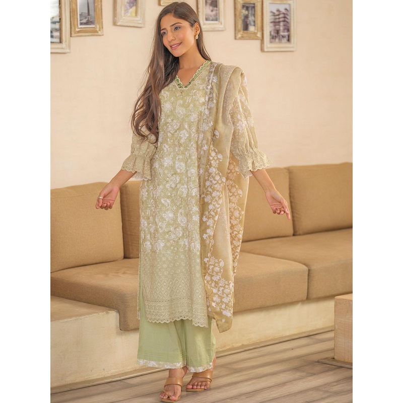 House of Pataudi Paisley Embroidered V-Neck Straight Kurta With Trousers & Dupatta