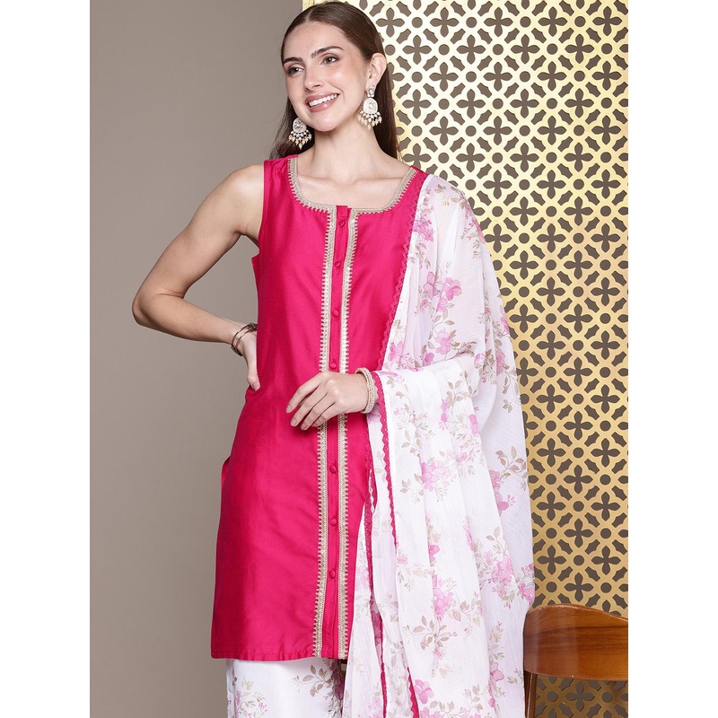House of Pataudi Women Jashn Floral Printed Zari Work Kurta With Palazzos & Dupatta