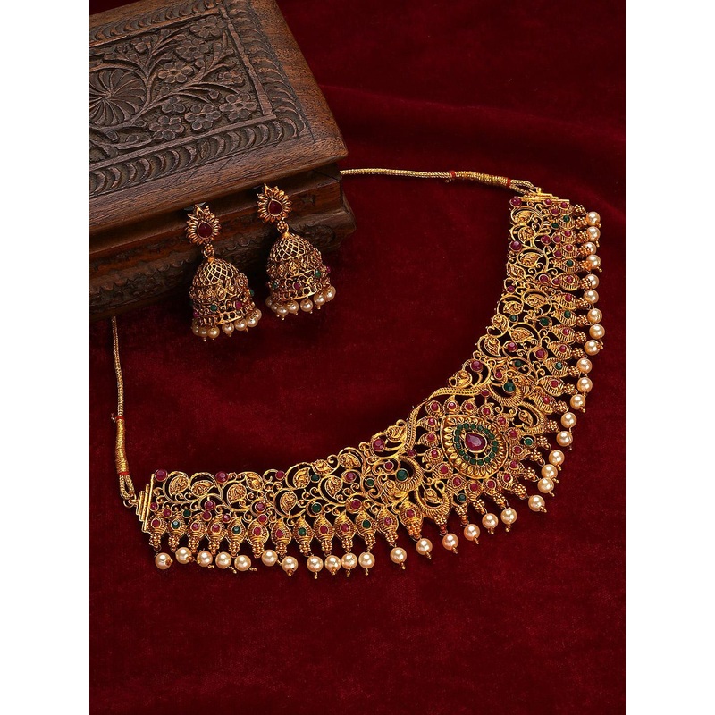 Jazz and Sizzle Gold-Plated & Pink Stone Studded Temple Jewellery Set