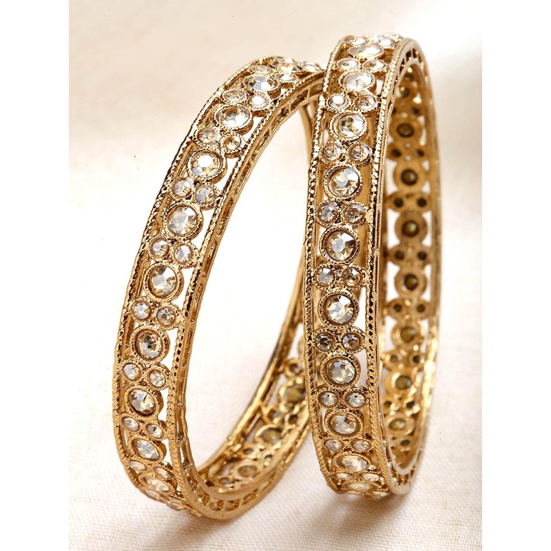 KARATCART Set of 2 Gold-Plated Kundan Stones-Studded Rajwadi Antique Bangle