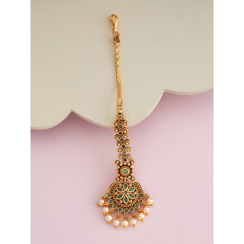 Kushal’s Fashion Jewellery Gold-Plated Stone Studded & Beaded Antique Maang Tikka