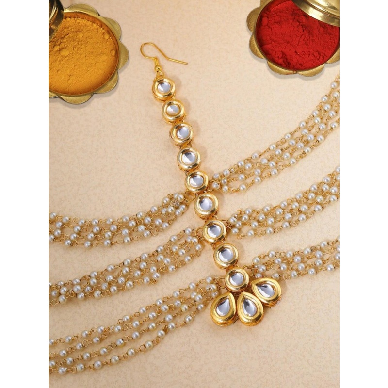OOMPH Gold Toned Kundan Studded & Beaded Bridal Matha Patti Head Jewellery