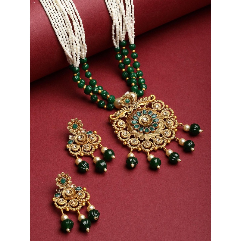 PANASH Gold-Plated Green & White Stone-Studded & Pearl-Beaded Jewellery Set