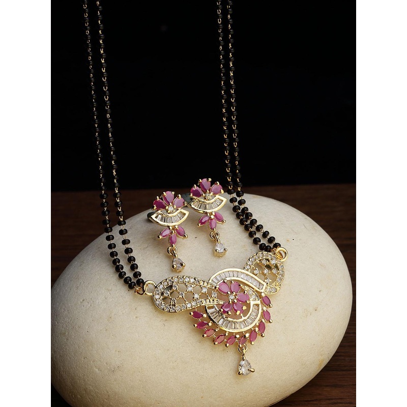 PANASH Gold-Plated & White CZ Stone-Studded Mangalsutra With Earrings