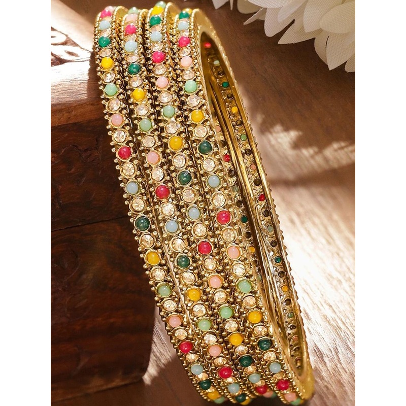 Rubans Set Of 4 18K Gold-Plated Stone-studded & Pearls Beaded Bangles