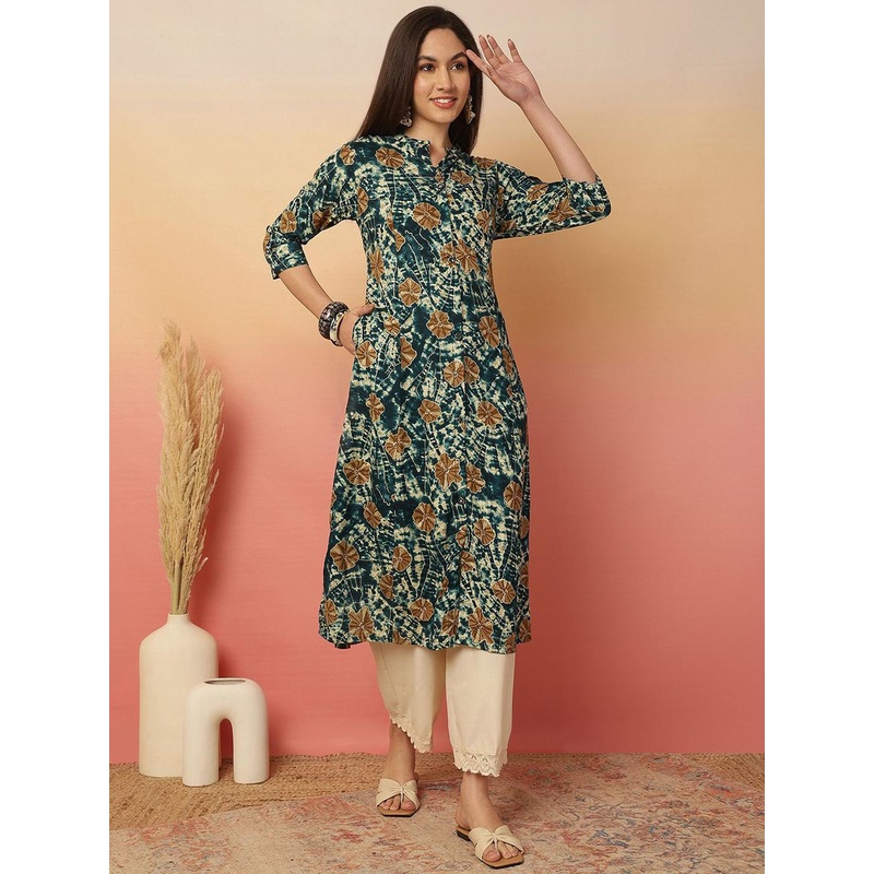 Sangria Abstract Printed Mandarin Collar A-Line Kurta