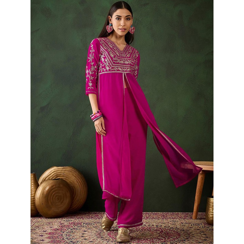 Sangria Alina Cut Floral Yoke Design High Slit Zari Fusion Kurta With Trousers