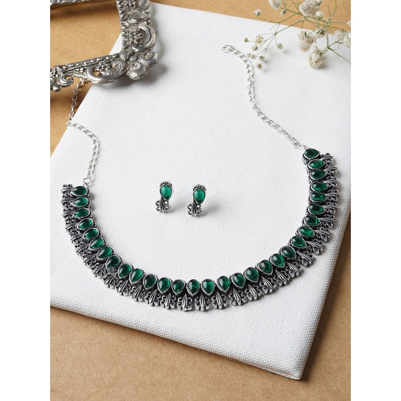 TEEJH Stone Studded Oxidised Jewellery Set