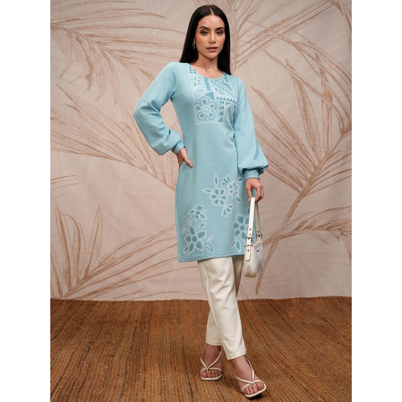 Vishudh Blue Floral Printed Round Neck Puff Sleeves Straight Kurta