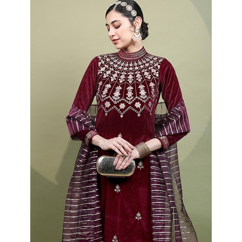 Vishudh Magenta Floral Embroidered Mandarin Collar Kurta with Trousers & Dupatta