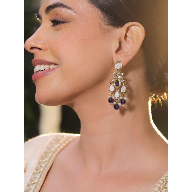 Women 22K Gold-Plated Kundan & Cubic Zirconia Chandelier Earrings with Purple Pearl Beads