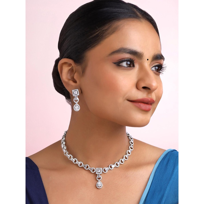 Yellow Chimes Rhodium-Plated American Diamond Studded Jewellery Set