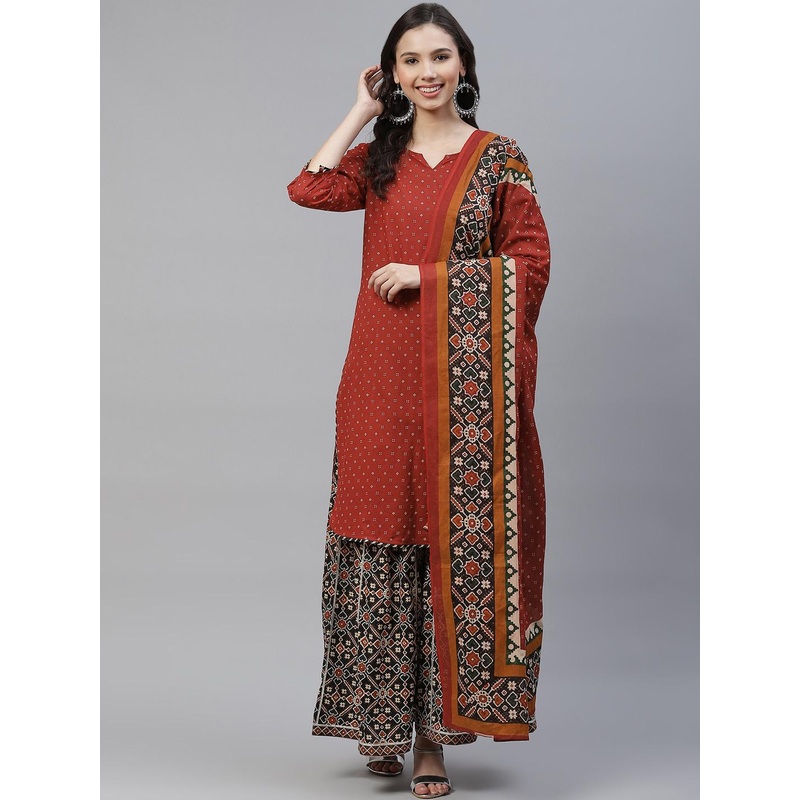 Yuris Women Maroon Pure Cotton Printed Kurta with Palazzos & Dupatta