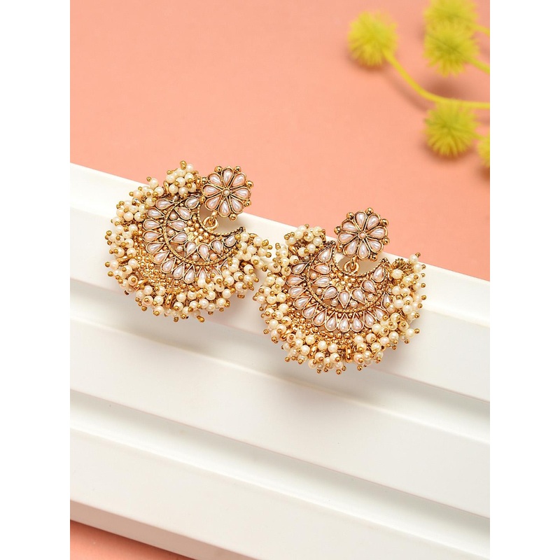 Zaveri Pearls Off-White Antique Gold-Plated Crescent Shaped Chandbalis