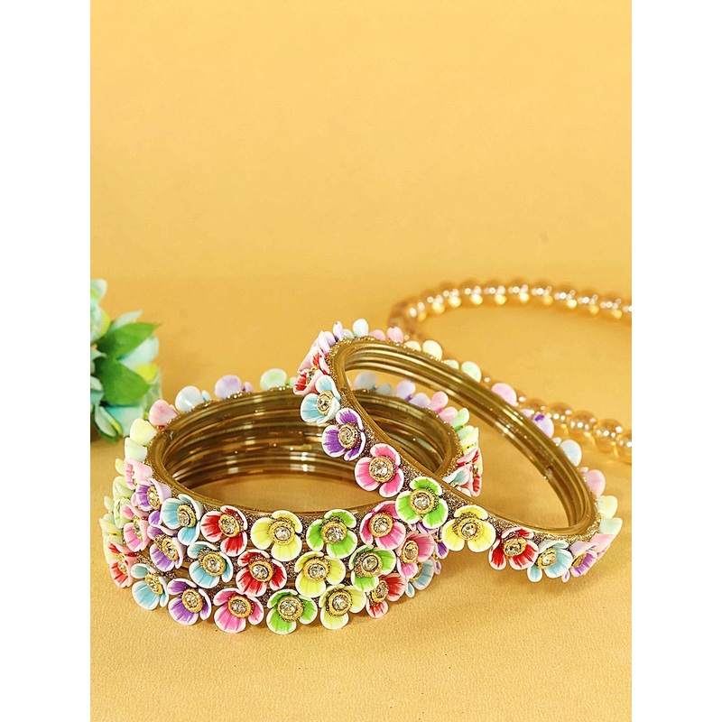 ZULKA Set Of 4 Stone-Studded Flower Bangles