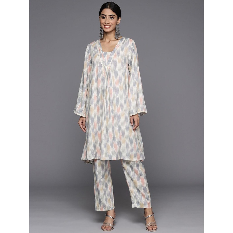 all about you Abstract Printed V-Neck Pleated Kurta with Trousers