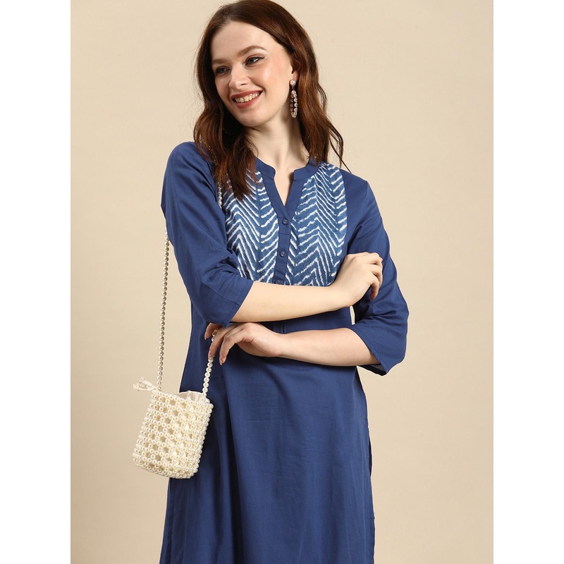 all about you Women Blue Geometric Yoke Design Pure Cotton Kurta
