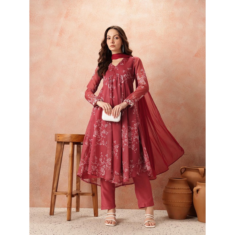all about you Women Floral Printed Empire Anarkali Kurta with Trousers & Dupatta