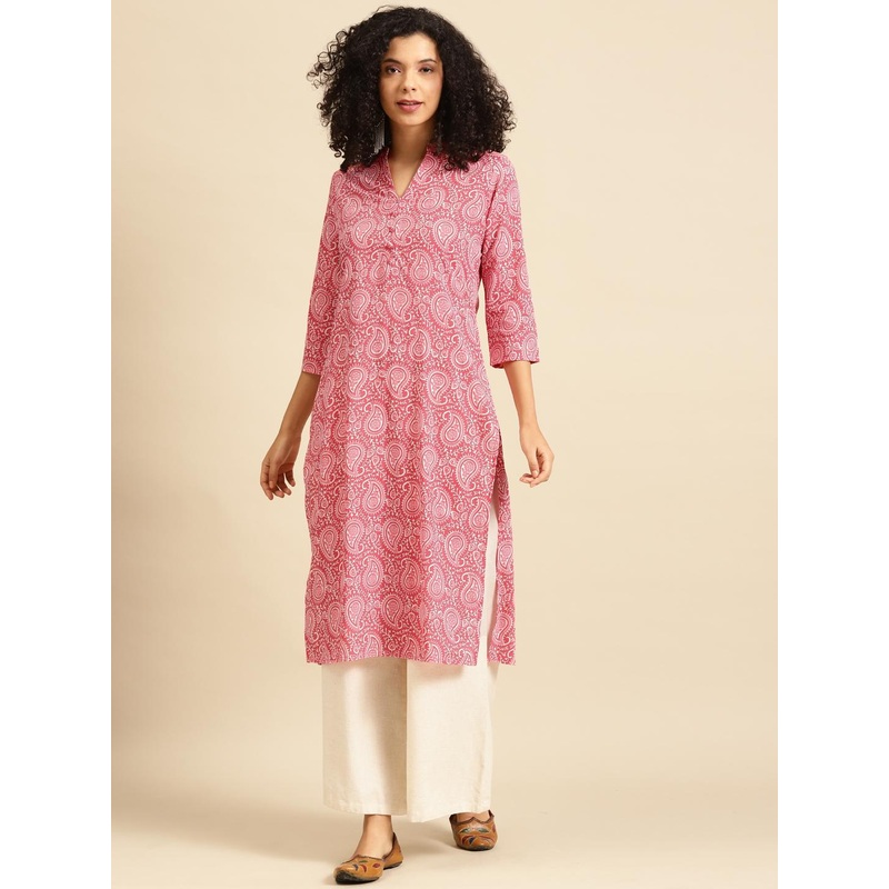 anayna Women Pink & White Paisley Screen Print Cotton Kurta
