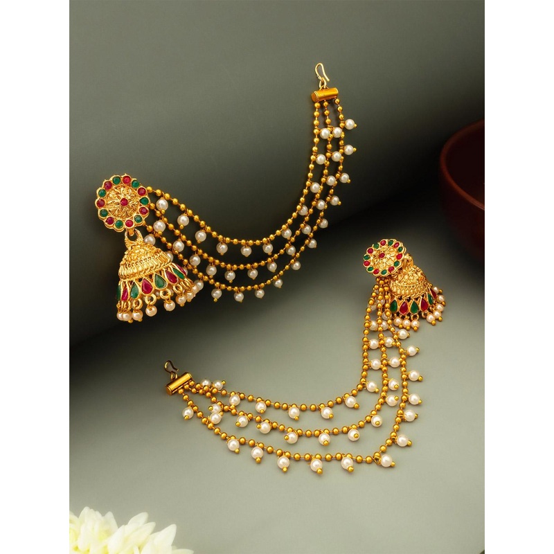 Anouk Gold Plated Kundan Studded And Pearls Beaded Dome Shaped Jhumkas With Ear Chain