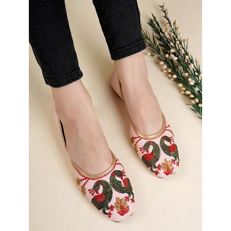 Anouk Peach-Coloured Square Toe Ethnic Embellished Fabric Mojaris