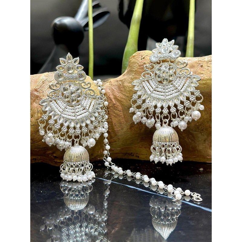 Anouk Rhodium Plated Artificial Stones Studded And Beaded Dome Shaped Jhumkas