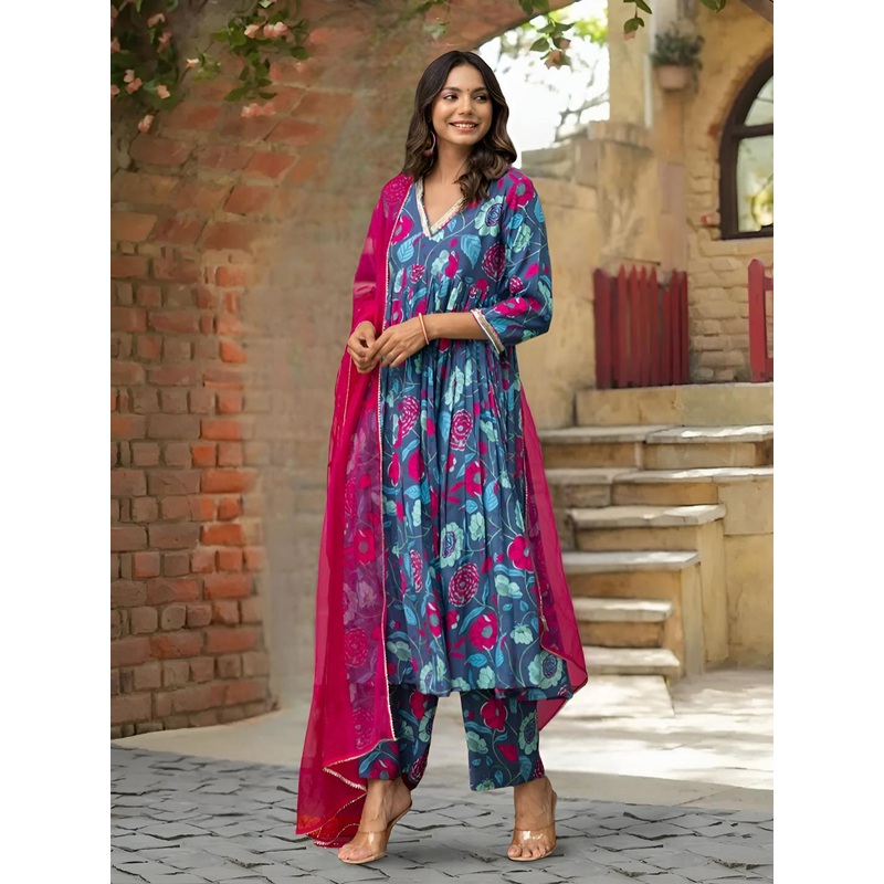 Anouk Rustic Women Floral Printed Tiered Kurta With Palazzos & Dupatta Kurta Sets