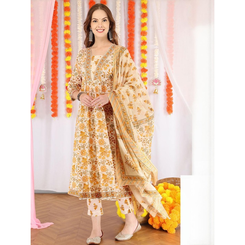 Anouk Women Yellow Pure Cotton Kurta Sets With Dupatta