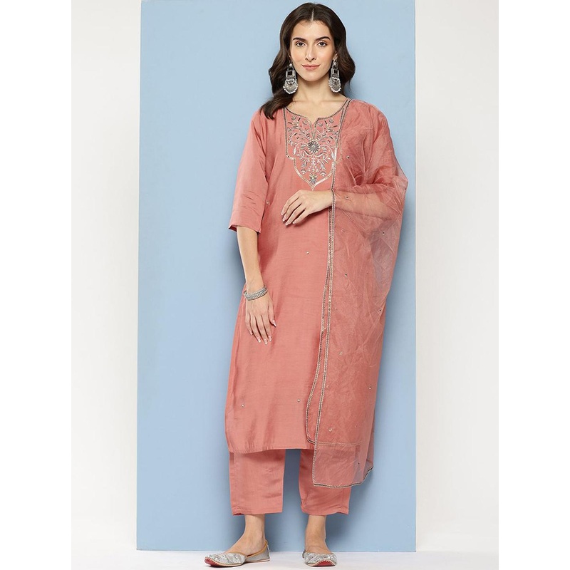 BAESD Floral Yoke Design Notch Neck Zari Straight Kurta & Trousers With Dupatta